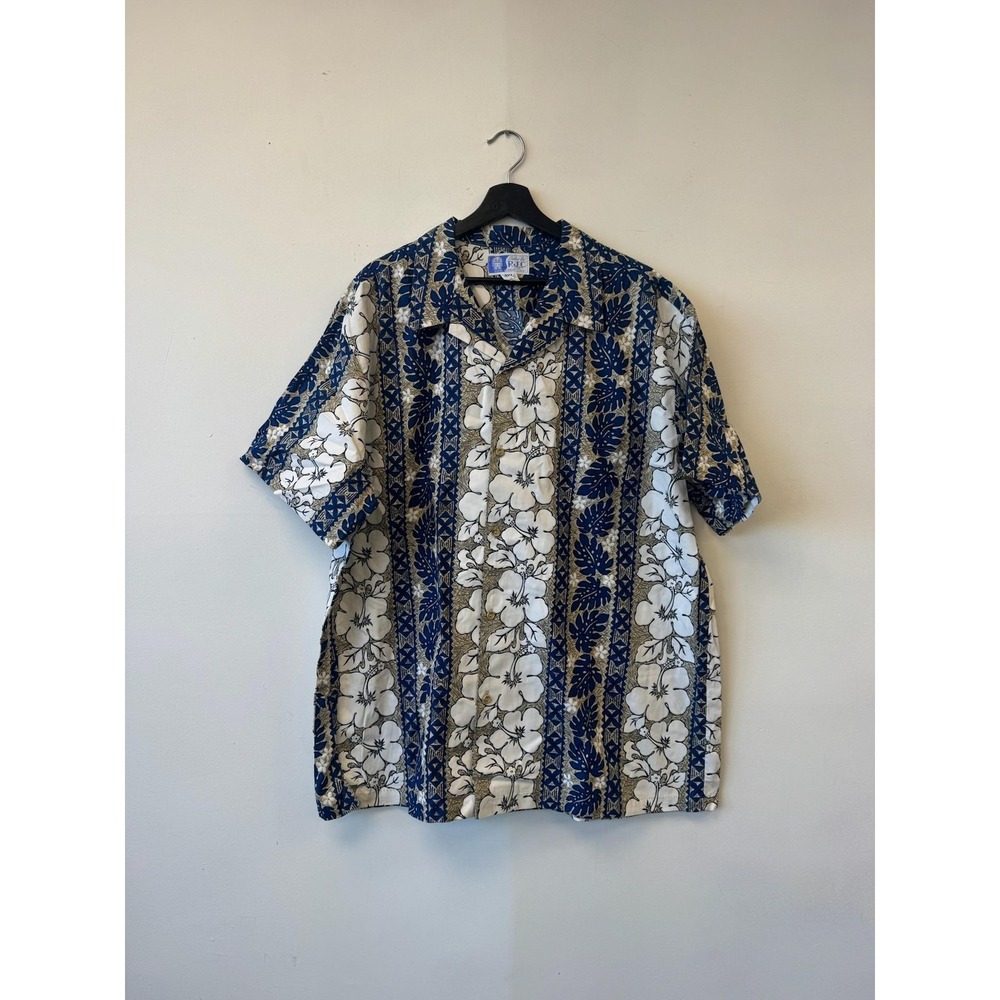 VTG RJC Hawaiian Shirt Mens 3XL Blue Beige Floral Aloha Button‎ Up Made Hawaii